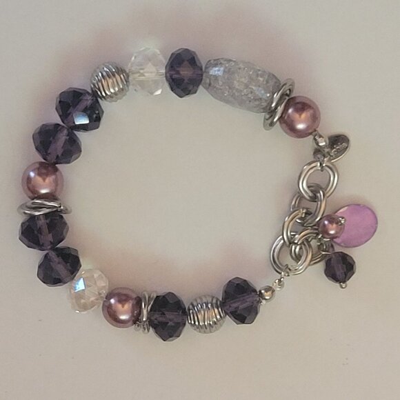 Lia Sophia Purple Haze Beaded Charm Bracelet W/ Purple & Clear Beads - Picture 1 of 3
